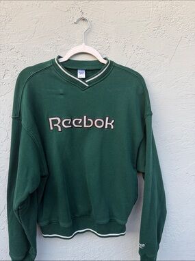 Reebok Men's Dark Green V-Neck Sweatshirt with White Trim